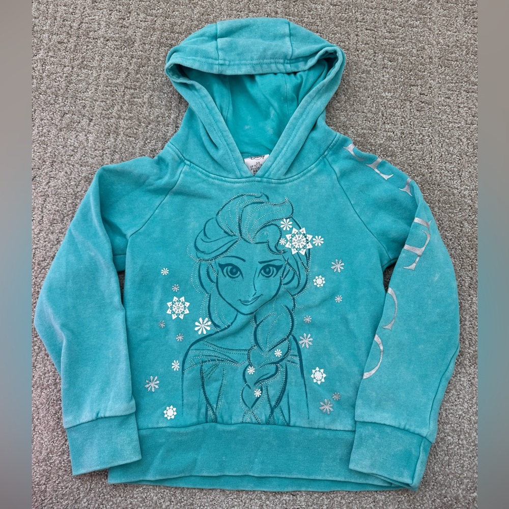 Disney Frozen Elsa Teal Turquoise with Silver Accent Pullover Hoodie Girls 5/6